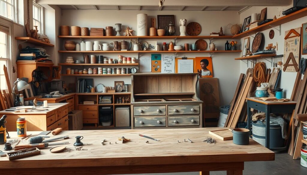 A well-lit, spacious workshop interior with a wooden workbench in the foreground, displaying an assortment of tools, hardware, and repurposed furniture pieces. In the middle ground, a vintage dresser stands partially disassembled, showcasing the process of furniture flipping. The background features shelves lined with upcycled decorative items, paint cans, and inspirational mood boards. Warm, natural lighting illuminates the scene, casting soft shadows and highlighting the textures of the wood and metal. The overall atmosphere conveys a sense of creativity, hands-on DIY, and the transformation of old into new.