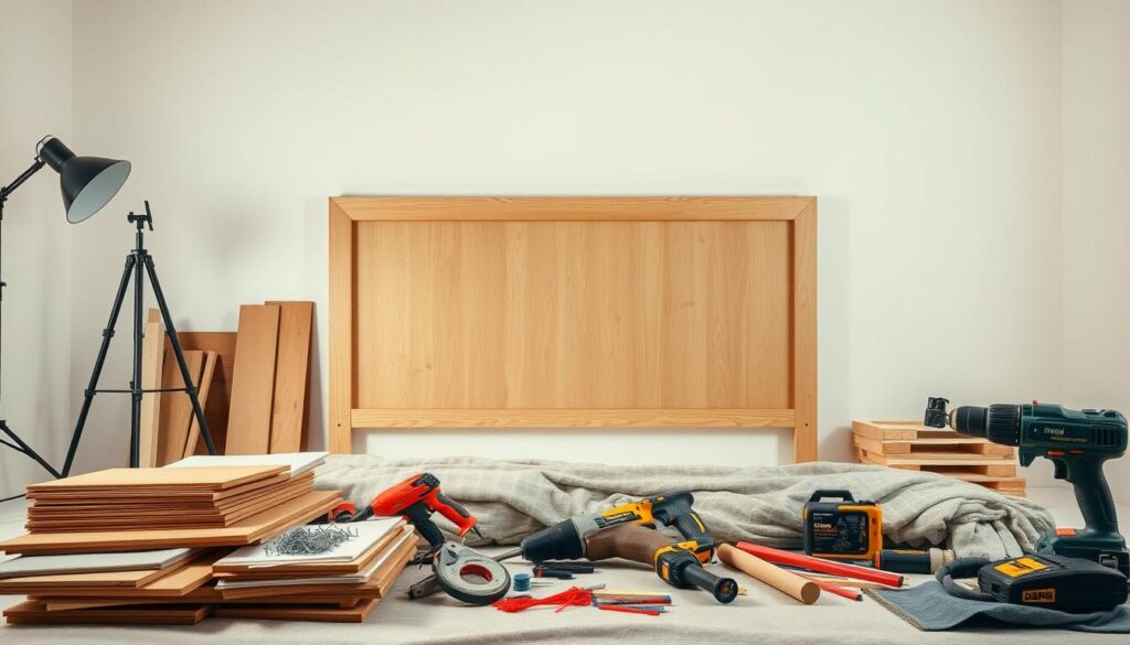 A well-lit studio setting showcasing an assortment of DIY headboard materials. In the foreground, a variety of wood planks, fabric swatches, upholstery tacks, and power tools like a cordless drill and a jigsaw. In the middle ground, a large wooden headboard frame in a natural finish, ready to be customized. The background features a clean, minimalist wall with a neutral color palette, allowing the materials to take center stage. The lighting is soft and diffused, creating a warm, inviting atmosphere suitable for a cozy bedroom setting.