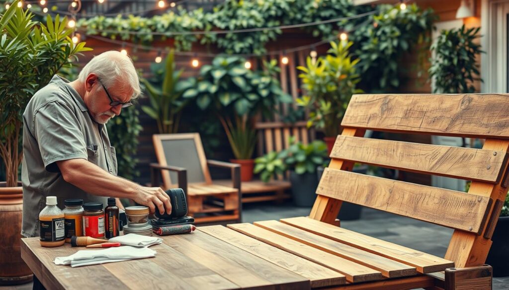 A well-lit, warm-toned scene of a DIY pallet furniture maintenance setup. In the foreground, an older man in casual clothes carefully sands down the surface of a rustic pallet chair, his face calm and focused. Behind him, a table holds an array of maintenance tools - sandpaper, stain, brushes, and polishing cloths. The middle ground features a partially disassembled pallet bench, its wood gleaming from recent refinishing. In the background, a lush, verdant patio with thriving potted plants and string lights creates a cozy, inviting atmosphere. The overall mood is one of diligent care and pride in preserving the unique character of handcrafted pallet furniture.