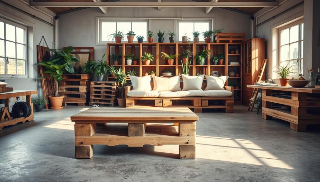 A well-lit workshop interior, showcasing an assortment of DIY pallet furniture pieces. In the foreground, a rustic pallet coffee table with a natural wood finish stands on a textured concrete floor. In the middle ground, a pallet bench with plush cushions invites visitors to sit and admire the craftsmanship. In the background, a pallet shelving unit displays an array of potted plants and decorative items, casting warm shadows across the scene. The lighting is a balance of natural daylight streaming through large windows and soft, diffused overhead illumination, creating a cozy, inviting atmosphere for the DIY pallet furniture showcase.