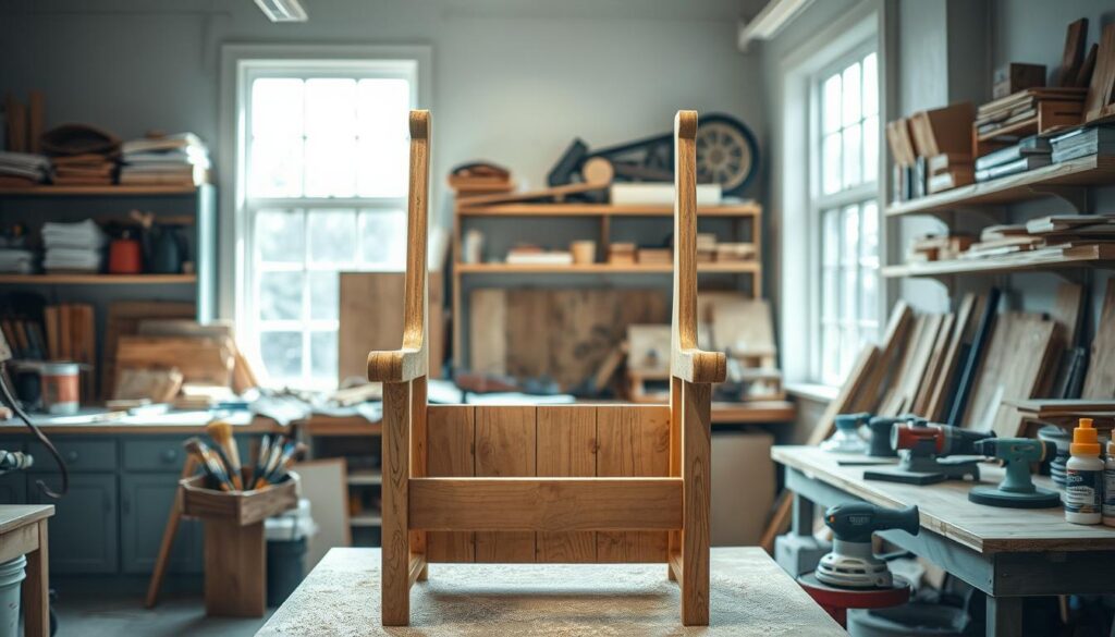 A well-lit workshop interior, with a central workbench showcasing various furniture restoration tools and techniques. In the foreground, an old wooden chair frame is being sanded, its worn surfaces gradually revealing a new layer of untapped potential. On the workbench, an array of paint brushes, stains, and power sanders stand ready to transform the piece. The background features shelves laden with repurposed materials, hinting at the endless creative possibilities of furniture flipping. Soft, natural lighting filters through large windows, casting a warm, inviting glow over the scene and accentuating the textures of the raw, unfinished wood. An atmosphere of focused creativity and hands-on exploration permeates the space, inspiring the viewer to embark on their own furniture transformation journey.