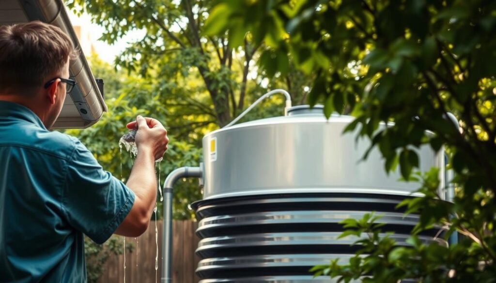 A well-maintained rainwater harvesting system, bathed in soft, natural light. In the foreground, a person inspecting the gutters, checking for debris and ensuring proper drainage. The middle ground showcases the tank, its surface reflecting the surrounding greenery. In the background, lush urban foliage frames the scene, conveying a sense of harmony between the system and its natural environment. The overall composition suggests a careful, thoughtful approach to system upkeep, with an emphasis on sustainability and environmental integration.