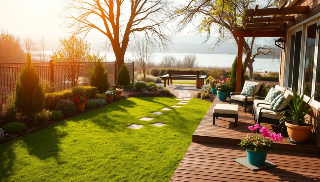 A well-manicured outdoor living space in the warm glow of the spring sun. In the foreground, a neatly trimmed lawn leads to a wooden deck where a comfortable patio set invites relaxation. Potted plants and lush greenery line the perimeter, adding pops of color. In the middle ground, a stone pathway winds through a meticulously maintained garden, flanked by blooming flowers. The background showcases a picturesque view of a tranquil pond or lake, with soft, diffused lighting creating a serene atmosphere. The overall scene conveys a sense of order, attention to detail, and a welcoming invitation to enjoy the great outdoors.