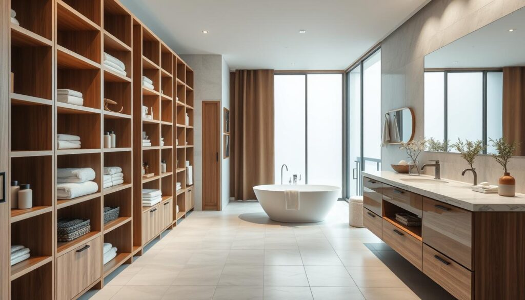 A well-organized and clutter-free bathroom spa with ample storage solutions. In the foreground, sleek wooden shelves and cabinets line the walls, providing ample space for towels, bath products, and décor. The middle ground features a freestanding bathtub, surrounded by a minimalist tile floor and a large window that floods the space with natural light. In the background, a modern vanity with a marble countertop and a large mirror create a sense of openness and reflection. The overall atmosphere is serene and relaxing, with soft lighting and a neutral color palette of whites, grays, and natural wood tones.