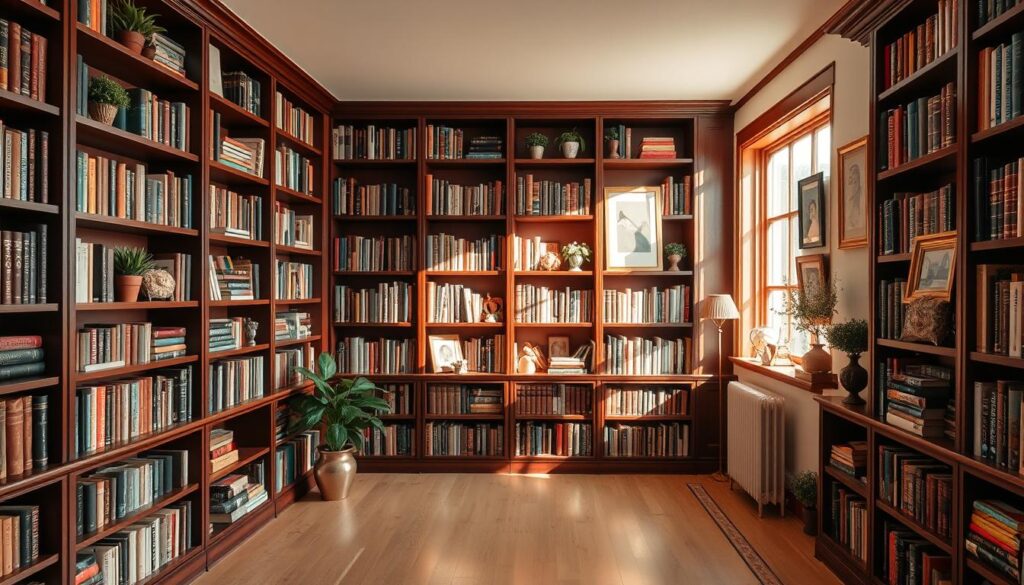 A well-organized bookshelf in a cozy, sun-lit room. Rows of books neatly arranged by color, size, and genre, with decorative accents like potted plants, antique vases, and framed artwork adding visual interest. The shelves are made of rich, dark wood that contrasts beautifully with the light hardwood floor. Warm, diffused lighting from a large window casts a gentle glow, highlighting the textures and details of the books and decor. The overall atmosphere is one of calm, cultivated elegance - a haven for a book lover's soul.