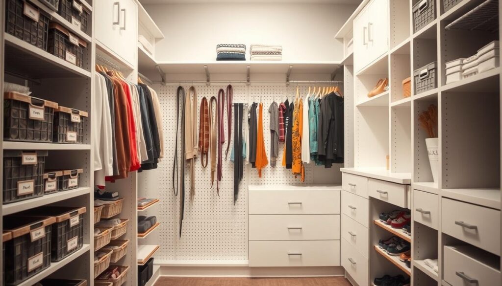 A well-organized, brightly-lit closet with a variety of DIY storage solutions. In the foreground, a set of shelves with labeled bins and baskets, neatly arranging clothing and accessories. In the middle ground, a pegboard with hooks and rods, allowing for the display and organization of scarves, belts, and other small items. The background features a custom-built closet system with adjustable rods, drawers, and cubbies, maximizing the available space. Soft, directional lighting illuminates the scene, highlighting the clean, minimalist aesthetic. The overall mood is one of efficiency and calm, inspiring the viewer to tackle their own closet organization project.