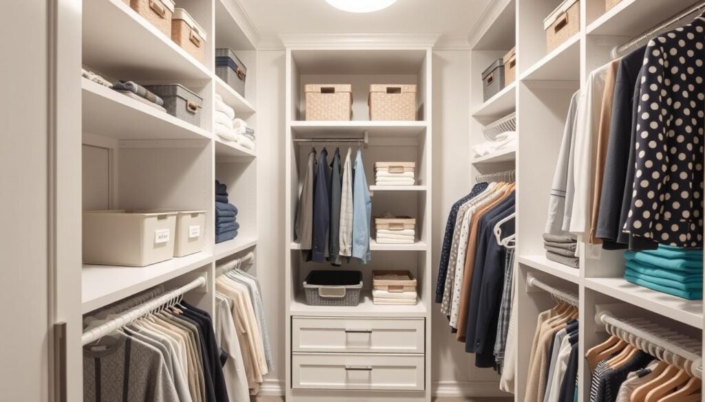 A well-organized closet with custom shelves, hangers, and storage solutions. Bright, airy lighting illuminates the space, showcasing a variety of organizational tools like labeled bins, adjustable rods, and neatly folded clothes. The camera captures a bird's-eye view, emphasizing the clean, streamlined layout and efficient use of space. Soft, neutral tones create a calming atmosphere, inviting the viewer to imagine their own personalized closet sanctuary.