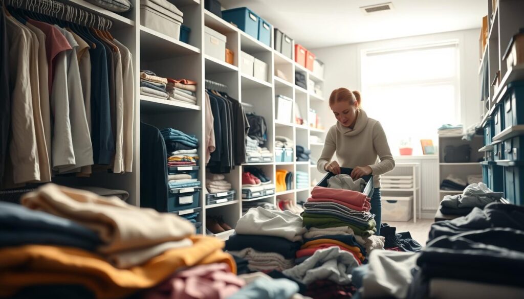 A well-organized closet with neatly folded clothes, color-coded shelves, and labeled storage bins. The foreground showcases a person sorting through a pile of clothes, carefully considering each item. The middle ground features various organizing tools like hangers, bins, and shelves, all arranged in a visually appealing way. The background depicts a spacious, well-lit closet with ample natural light streaming in, creating a sense of openness and tranquility. The overall scene conveys a calming, efficient, and decluttered atmosphere, inviting the viewer to imagine the satisfaction of a well-organized closet. Lighting is soft and diffused, capturing the details of the scene in a warm, inviting manner. The camera angle is slightly elevated, providing a comprehensive view of the entire closet organization process.