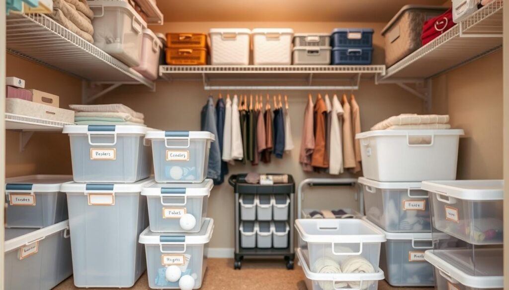 A well-organized closet with various DIY organization tools neatly arranged in the foreground, including labeled plastic bins, adjustable shelves, hooks, and label makers. In the middle ground, a set of hanging organizers, dividers, and a rolling cart are visible. The background features a closet interior with neutral-toned walls and soft, diffused lighting creating a serene, organized atmosphere. The composition emphasizes the versatility and functionality of these essential DIY closet organization tools.