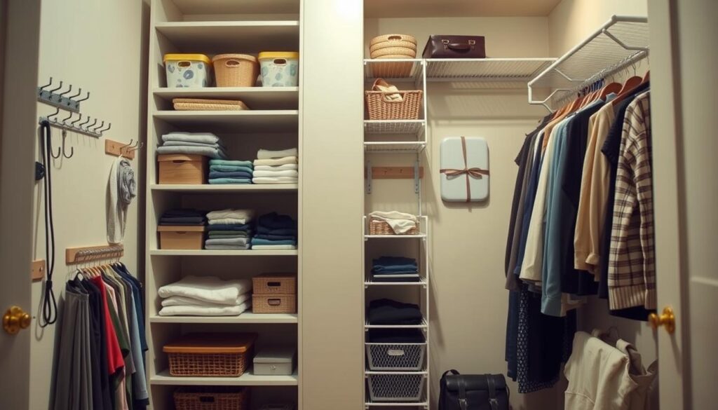 A well-organized closet with various vertical storage solutions. A tall, sleek shelving unit dominates the foreground, its shelves neatly stacked with folded clothes, boxes, and baskets. The walls on either side feature a mix of hooks, rods, and hanging organizers, allowing for maximum utilization of vertical space. The lighting is soft and warm, creating a cozy, inviting atmosphere. The overall scene conveys a sense of order, efficiency, and thoughtful organization, perfectly reflecting the "Maximizing Vertical Space: Walls and Doors" section of the article.