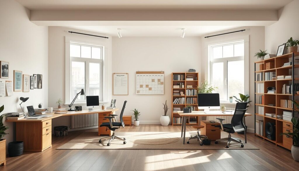 A well-organized, functional home office zone with a large desk, ergonomic chair, and ample natural lighting from floor-to-ceiling windows. In the middle ground, distinct zones for reading, writing, and digital work, each with appropriate furniture and decor. In the background, a neatly arranged bookshelf and a wall-mounted calendar to keep you on track. The overall atmosphere is clean, minimalist, and conducive to productivity, with a calming color palette and hints of greenery to refresh the mind. Captured with a wide-angle lens to showcase the entire workspace.