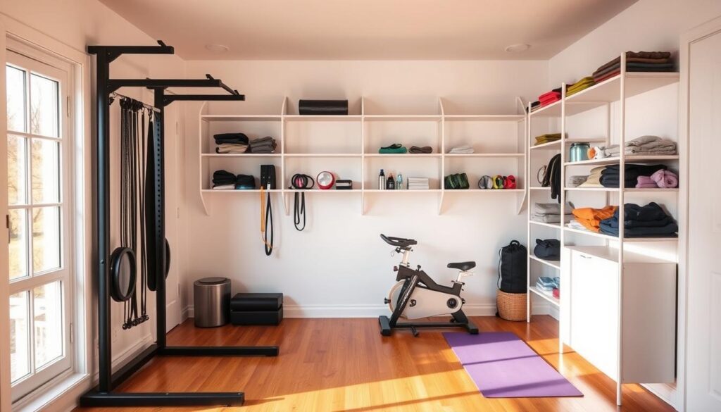 A well-organized home gym space with an assortment of high-quality exercise equipment, including a weight rack, exercise bike, and yoga mat. The room is brightly lit by large windows, casting a warm, natural glow over the hardwood floors. Sleek, minimalist shelving units line the walls, neatly storing resistance bands, water bottles, and other fitness accessories. The layout is efficient and clutter-free, showcasing how to maximize a small or medium-sized room for a comprehensive home workout experience. The overall atmosphere is inviting, motivating, and in harmony with the article's subject of creating a convenient, personalized fitness space at home.