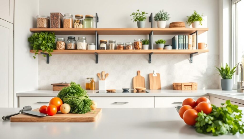 A well-organized kitchen with clean, minimalist aesthetics. In the foreground, a meal prep station with fresh ingredients arranged neatly on a wooden cutting board. Midground, shelves stocked with glass jars, labeled containers, and cookbooks. Soft, natural lighting from large windows illuminates the space, creating a serene, productive atmosphere. The backsplash features a subtle geometric tile pattern. Pops of greenery, such as potted herbs, add a touch of life. The overall composition conveys a sense of calm control and intentionality in meal planning and kitchen management. A well-organized kitchen with clean, minimalist aesthetics. In the foreground, a meal prep station with fresh ingredients arranged neatly on a wooden cutting board. Midground, shelves stocked with glass jars, labeled containers, and cookbooks. Soft, natural lighting from large windows illuminates the space, creating a serene, productive atmosphere. The backsplash features a subtle geometric tile pattern. Pops of greenery, such as potted herbs, add a touch of life. The overall composition conveys a sense of calm control and intentionality in meal planning and kitchen management.
