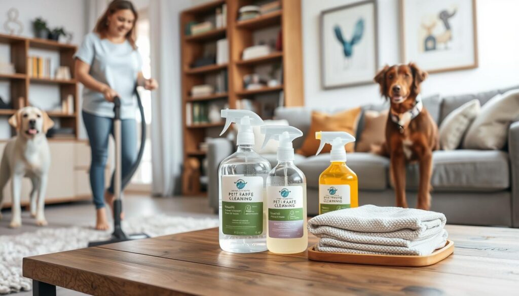 A well-organized pet-friendly home cleaning scene in a cozy, well-lit living room. In the foreground, a woman in casual attire is vacuuming a plush area rug, while her playful dog watches from the side. On the middle ground, an assortment of pet-safe cleaning supplies, such as a natural all-purpose cleaner and microfiber cloths, are neatly arranged on a wooden coffee table. In the background, bookshelves and framed artwork add warmth and character to the space. The lighting is soft and diffused, creating a calming, domestic atmosphere. The overall composition conveys a sense of effortless cleanliness and harmony between the homeowner, their pet, and the well-maintained living environment.