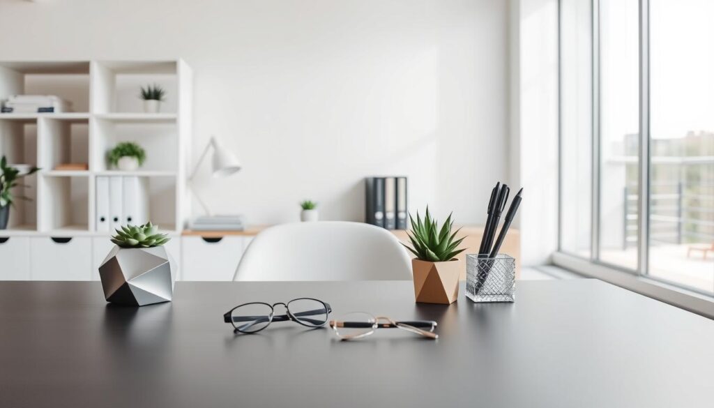 A well-organized workspace with minimal clutter. The foreground showcases a sleek, modern desk with a few essential office supplies neatly arranged, including a geometric pen holder, a succulent plant, and a pair of reading glasses. The middle ground features a stylish bookshelf with carefully curated items, such as a few hardcover books, a small decorative vase, and a tidy stack of folders. The background depicts a clean, airy room with abundant natural light streaming in through large windows, creating a serene and productive atmosphere. The overall scene conveys a sense of order, efficiency, and a fresh start to the week.