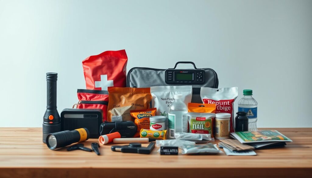 A well-stocked emergency preparedness kit with essential supplies, neatly arranged on a wooden table against a minimalist white backdrop. The kit includes a sturdy flashlight, a portable radio, a first-aid kit, non-perishable food, bottled water, a multi-tool, and other essential survival gear. The lighting is soft and diffused, creating a sense of calm and readiness. The composition emphasizes the importance of being prepared for unexpected emergencies, with a focus on the practical and organized nature of the kit.