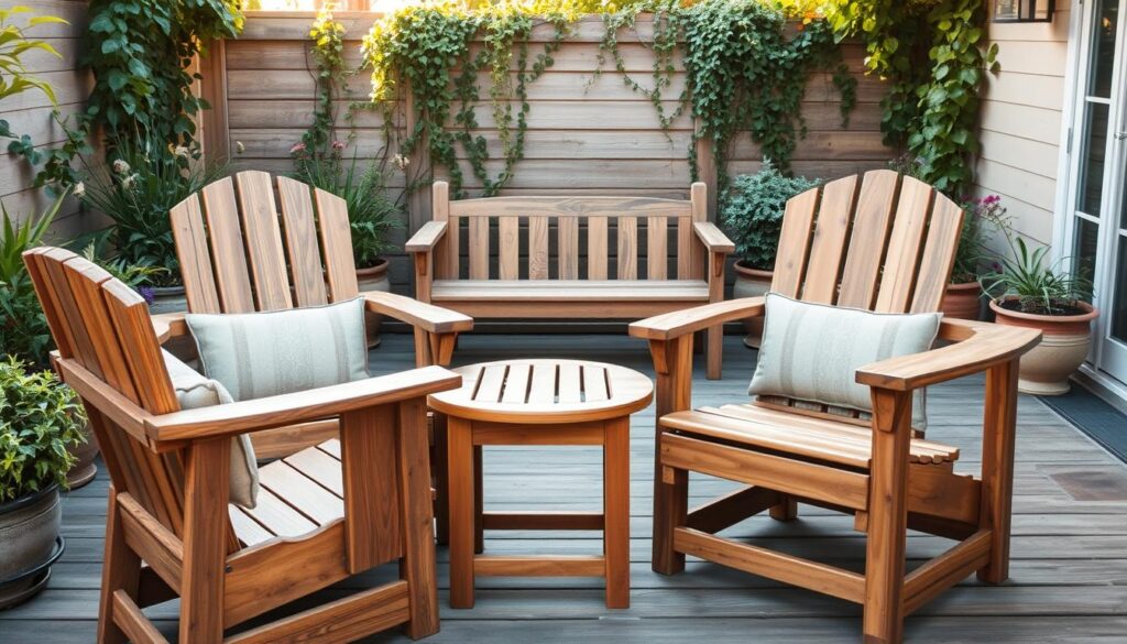 A well-weathered wooden patio set, its surfaces adorned with protective sealants and waterproofing treatments. In the foreground, a pair of armchairs and a small side table, their surfaces glistening with a durable, satin-finish clear coat. In the middle ground, a sturdy wooden bench, its edges trimmed with weather-resistant edge banding. In the background, the patio's perimeter is lined with potted plants and cascading vines, creating a lush, verdant backdrop. Warm, natural lighting illuminates the scene, casting soft shadows and highlighting the textural details of the weatherproofed furniture. The overall mood is one of rustic elegance and outdoor comfort, inviting relaxation and enjoyment of the patio space.