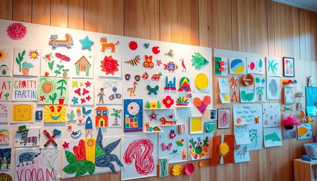 A whimsical wall adorned with vibrant children's artwork, showcasing a diverse array of media and styles. In the foreground, colorful paintings, crayon drawings, and collages are displayed on a white backdrop, creating a lively and engaging visual tapestry. The middle ground features playful 3D sculptures and paper crafts, adding depth and dimension to the display. The background is a soft, warm-toned wooden paneling, providing a natural and cozy contrast to the bold, expressive artworks. Warm, diffused lighting casts a gentle glow, accentuating the textures and hues of the various creations. The overall scene exudes a sense of creativity, imagination, and the unbridled joy of young artistic expression.