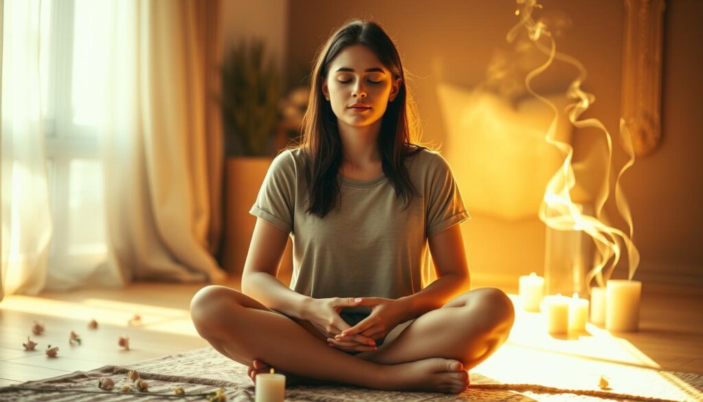 A young woman sits cross-legged on the floor, eyes closed, hands resting palms-up on her knees. Soft, warm light floods the serene scene, casting a golden glow on her skin. Delicate flowers and candles surround her, creating an atmosphere of calm introspection. The woman's expression is one of deep peace, as she practices a soothing end-of-week emotional release ritual. Wispy tendrils of incense drift through the air, enhancing the meditative ambiance. The camera angle is slightly low, capturing the scene from a reverent perspective that invites the viewer to pause and join her in this moment of self-care.