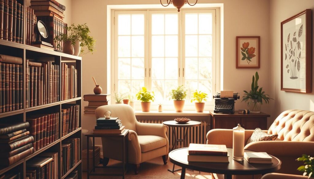 An airy, sun-drenched room filled with tasteful book-inspired decor. In the foreground, a meticulously styled bookshelf displaying a curated collection of leather-bound volumes, their spines facing outward to showcase their visual appeal. Atop the shelf, a selection of antique magnifying glasses, brass bookends, and a vintage typewriter lend an academic, scholarly vibe. In the middle ground, a plush, tufted armchair invites relaxation, flanked by a side table bearing a stack of well-worn novels and a single-wick candle. The background features a large window flooding the space with warm, natural light, casting a soft glow on the room's decor. Delicate potted plants and a framed botanical print on the wall add lush, earthy accents, creating an inviting, bookish ambiance.