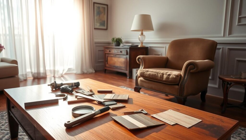 An elegantly furnished living room, the morning sun filtering through sheer curtains, casting a warm glow on a wooden coffee table. On its surface, an array of tools and materials - a magnifying glass, a ruler, samples of different wood types and finishes. A well-worn but sturdy armchair sits nearby, inviting the viewer to take a closer look, to thoughtfully evaluate the piece's condition, its potential for restoration and reinvention. The room's neutral palette and clean lines create a sense of tranquility, encouraging the observer to carefully assess the furniture's qualities, imagining the possibilities for breathtaking transformation.
