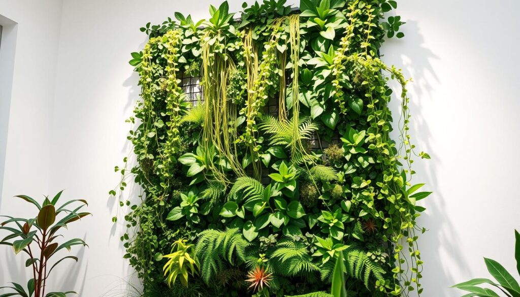An indoor vertical garden with lush, thriving plants cascading down a well-lit, minimalist white wall. Trailing vines, leafy ferns, and vibrant succulents fill the frame, creating a serene, nature-inspired atmosphere. Soft, directional lighting from above casts gentle shadows, emphasizing the depth and texture of the diverse foliage. The plants are carefully arranged in a visually appealing, balanced composition, suggesting an effortless, harmonious design. The overall scene evokes a sense of tranquility and brings the outdoors in, perfectly capturing the essence of a curated, low-maintenance vertical garden.
