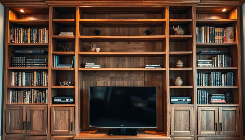 An old bookshelf transformed into a custom entertainment center, its shelves now housing a sleek, modern television and various media components. The wooden frame has been carefully sanded and stained a rich, warm tone, blending seamlessly with the existing decor. Reclaimed wood accents add character, while strategically placed task lighting illuminates the display. The overall design exudes a cozy, inviting atmosphere, perfect for movie nights and game sessions. Shoot with a wide-angle lens to capture the full dimensional depth, using soft, diffused lighting to highlight the natural textures and create an intimate, relaxed ambiance.