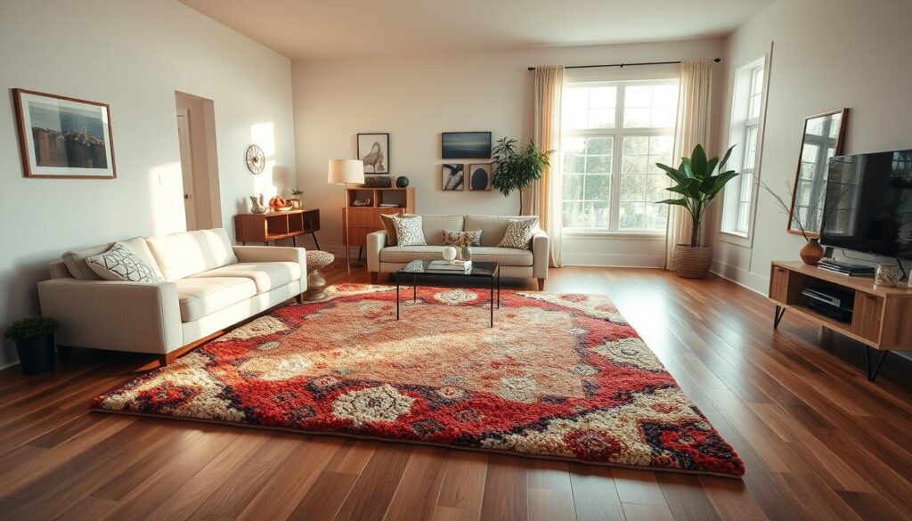 An open-plan living room with hardwood floors, featuring a plush, colorful area rug that delineates a cozy seating area. Soft, warm lighting filters through large windows, casting a tranquil glow on the space. The rug's pattern and texture contrast beautifully with the clean, minimalist furniture, creating a harmonious, inviting atmosphere. The room is free of clutter, with carefully placed decor elements that complement the rug's design. This scene showcases how a strategically placed rug can effectively define and anchor a space within an open-plan home layout.
