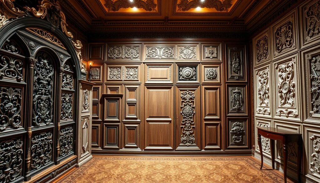 An ornate collection of decorative wall paneling styles from around the world. A visually striking foreground featuring intricate wood carvings, gilded accents, and intricate lattice patterns. The middle ground showcases a range of panel designs, including ornate Baroque, understated Shaker, and elegant Chinoiserie motifs. In the background, a warm, ambient lighting illuminates the varied textures and hues of the paneling, creating a rich, luxurious atmosphere. Captured with a wide-angle lens to showcase the depth and grandeur of this curated display of global design influences on interior paneling.