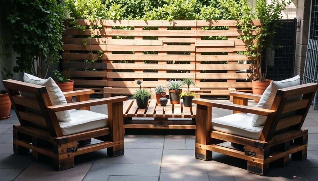 An outdoor patio setting with sturdy, well-constructed pallet furniture arranged in a warm, inviting layout. The scene is bathed in soft, natural lighting, casting gentle shadows and highlighting the textures of the weathered wood. In the foreground, a pair of ergonomic pallet chairs with plush cushions invite relaxation. In the middle ground, a low pallet coffee table holds decorative potted plants. The background features a backdrop of lush greenery, perhaps a privacy screen made from repurposed pallets. The overall atmosphere conveys a sense of safety, durability, and environmental consciousness, perfectly suited for a DIY pallet furniture project.