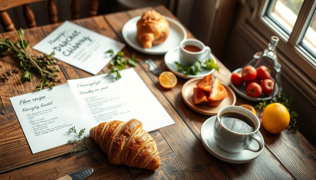 Brunch menu planning on a rustic wooden table, with a warm, inviting atmosphere. Handwritten recipe cards, fresh herbs, and an assortment of breakfast items such as croissants, fresh fruit, and a steaming cup of coffee create a cozy, laid-back scene. Soft, natural lighting filters through the window, casting a gentle glow over the scene. The composition is balanced, with the menu items taking center stage, surrounded by complementary elements that suggest a thoughtfully curated brunch experience.