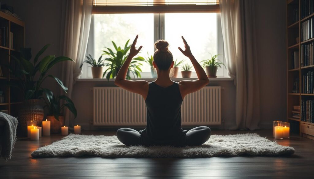 Calming physical activities for an evening wind-down routine. In a cozy, dimly lit bedroom, a person sits cross-legged on a plush rug, performing gentle yoga poses. Warm candlelight casts a soft glow, creating a peaceful ambiance. Lush indoor plants line the windowsill, adding natural elements. In the background, a bookshelf holds well-worn volumes, hinting at the person's intellectual pursuits. The scene evokes a sense of tranquility and mindfulness, inviting the viewer to unwind and recharge after a long day.