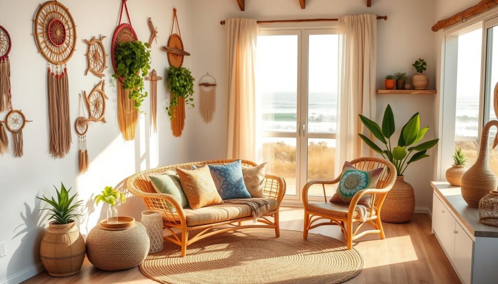 Coastal boho decor: a sun-drenched seaside sanctuary. Vibrant woven wall hangings, macrame dreamcatchers, and driftwood sculptures adorn the whitewashed walls. Lush indoor plants cascade from rustic wooden shelves, casting soft shadows. In the center, a jute area rug grounds a rattan loveseat and armchair, their cushions adorned with tie-dye and ethnic patterns. Filtered golden light streams through sheer curtains, illuminating the scene with a serene, relaxed ambiance. A large window frames a panoramic vista of crashing waves and a distant horizon. This tranquil, nature-inspired space exudes a carefree, bohemian charm.