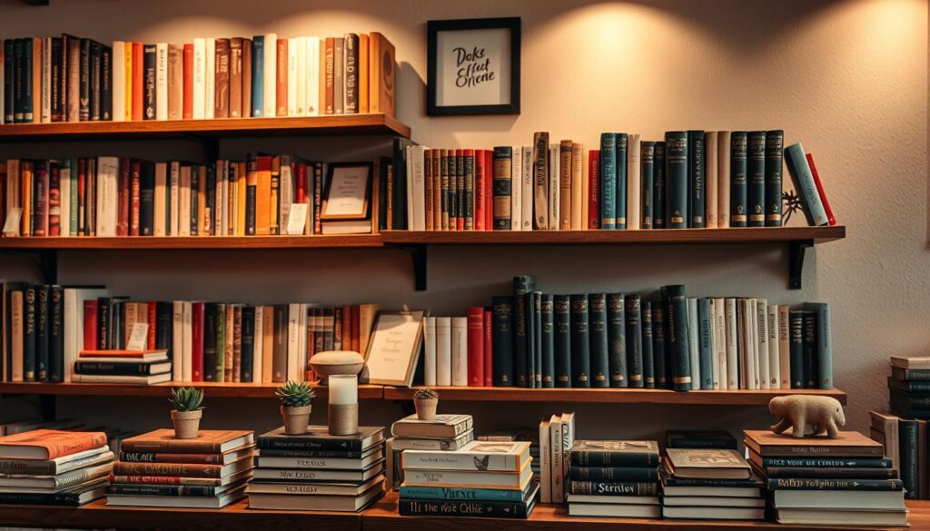 Cozy and inviting themed book displays featuring an assortment of hardcovers and paperbacks, skillfully arranged on rustic wooden shelves. The scene is illuminated by warm, diffused lighting that casts a soft glow, creating an atmosphere of comfort and inspiration. In the foreground, a mix of books in different colors and sizes are creatively stacked, propped, and paired with small decorative accents like potted plants, candles, and framed art. The midground showcases a clean, minimalist aesthetic with carefully curated book groupings, while the background hints at a larger, organized library or book nook setting. The overall impression is one of literary sophistication and a love for the printed word.