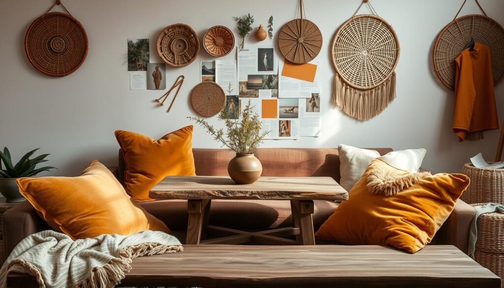 Cozy home decor mood board, featuring a rustic wood table, plush velvet cushions, and a mix of natural textures like woven baskets and woven wall hangings. Soft, warm lighting illuminates the scene, creating a inviting and serene atmosphere. Inspirational magazine clippings, paint swatches, and fabric samples are arranged artfully, hinting at the creative process of designing a harmonious, comfortable living space. Warm, earthy tones like mustard, terracotta, and olive green predominate, conveying a sense of coziness and timeless style. The overall impression is one of thoughtful, intentional home decor that reflects the homeowner's personal aesthetic.
