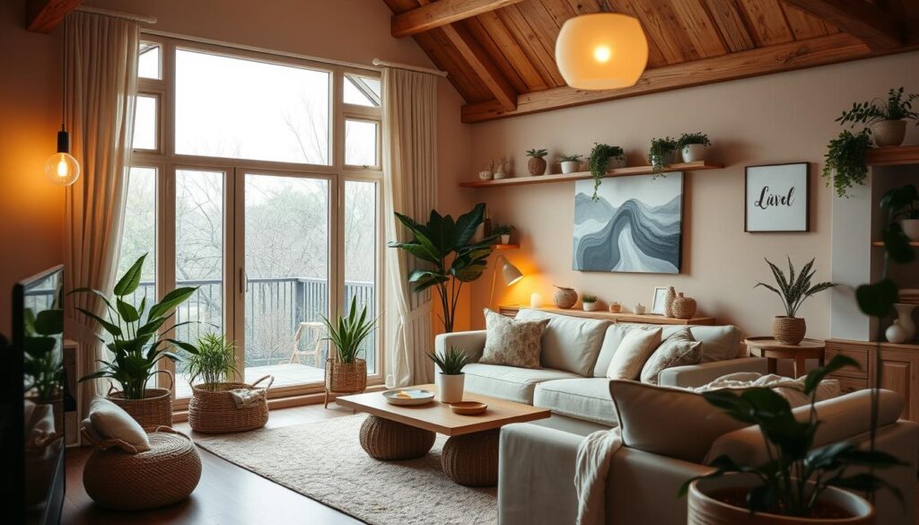 Cozy, well-lit interior of an energy-efficient home. Warm wooden accents, plush textiles, and strategically placed energy-saving light fixtures. Tasteful décor featuring natural materials like plants, baskets, and recycled furnishings. Soft, diffused lighting illuminates a stylish living room with large windows, allowing ample natural light. Minimalist, functional design showcases practical, budget-friendly solutions for eco-friendly home decorating. A serene, inviting atmosphere that inspires sustainable living.