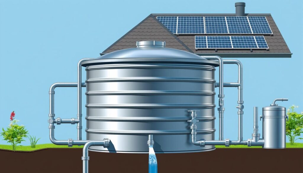 Detailed architectural diagram of a rainwater harvesting system, showcasing its key components. A large aboveground rainwater storage tank takes center stage, with a smooth metal surface reflecting the sky. Surrounding it, a series of interconnected pipes, valves, and filters in sleek gunmetal gray, creating a visually harmonious industrial aesthetic. In the foreground, a downspout directs water from the roof into the system, while in the background, solar panels on the roof power the pump. Crisp lighting and a muted color palette evoke a sense of efficiency and functionality, suitable for an urban garden setting.