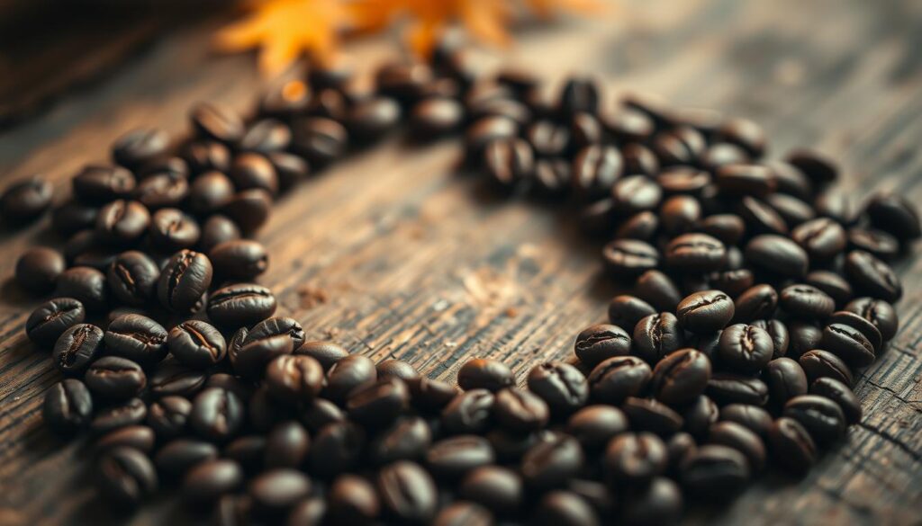 Detailed, high-quality closeup photograph of a group of aromatic dark roasted coffee beans arranged in a decorative circular pattern, positioned on a rustic wooden surface. The beans are meticulously lit from above with warm, cozy lighting, creating a soft, inviting glow. The background is slightly blurred, placing emphasis on the tactile, textural quality of the coffee beans. The overall composition has a soothing, autumnal color palette with hints of gold and amber tones, evoking a sense of coziness and comfort, perfect for a chilly evening.