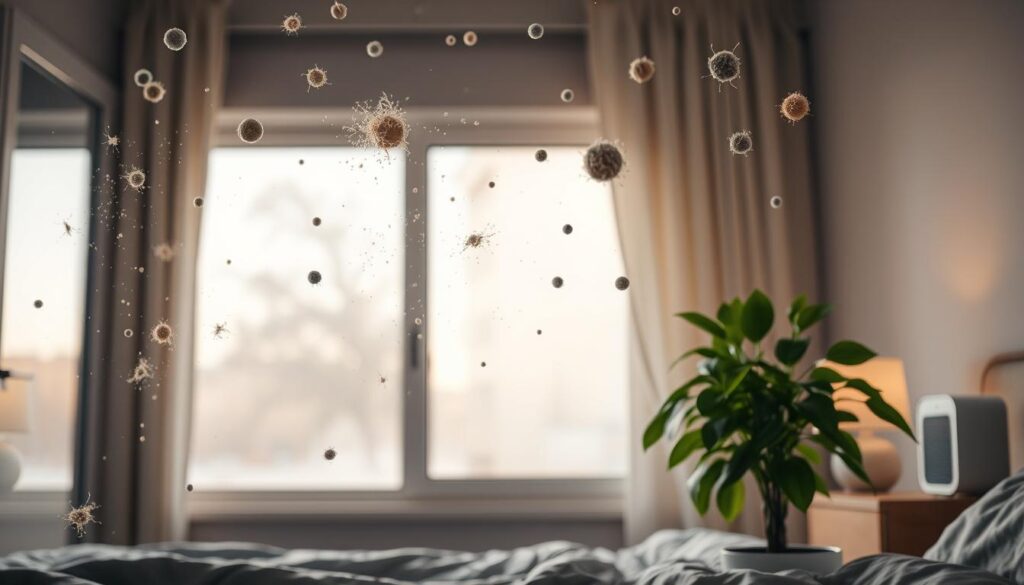 Detailed indoor scene showcasing common air pollutants found in a bedroom. Dust particles, pollen, and pet dander float in the air, illuminated by a soft, warm glow from a table lamp. In the foreground, a half-open window reveals hazy outdoor air, contrasting with the cleaner indoor atmosphere. The middle ground features a potted plant, its leaves slightly wilted, indicating the presence of pollutants. The background shows a bedside table with a small air purifier, its indicator lights suggesting it is actively working to filter the air. The overall mood is one of awareness and the need for effective air purification solutions.