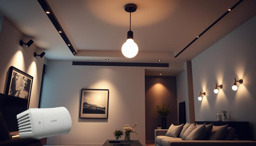Detailed interior scene of a modern living room with smart lighting system integration. Overhead lights on dimmers with ambient glow, recessed spotlights highlighting artwork, and discreet wall sconces casting a warm, inviting atmosphere. Smart light bulbs and fixtures seamlessly connected to voice assistant and mobile app for easy control. Minimalist furniture and decor allow the lighting to take center stage, showcasing its versatility and intelligence. Soft shadows and highlights create depth and drama, while the overall look is sleek, sophisticated, and future-focused.