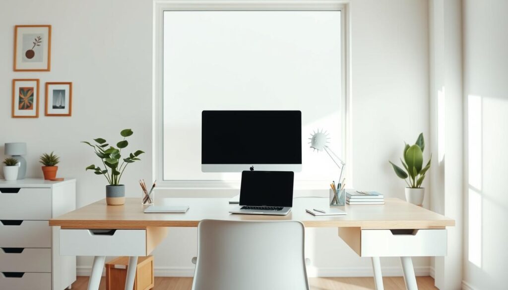 Efficient workspace organization: A well-lit, minimalist home office with a clean, clutter-free desk setup. A large window in the background provides ample natural light, accentuating the sleek, modern furniture. The desk features a laptop, a sturdy monitor, and a few carefully placed office supplies. Subtle wall decor and potted plants add a touch of warmth and personalization, creating a focused, productive atmosphere. The overall layout and design prioritize functionality, ergonomics, and a sense of calm and order, enabling the user to maximize productivity.