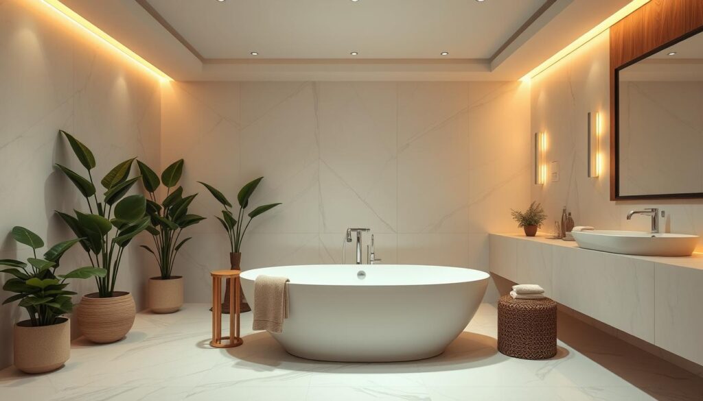 Elegant spa-inspired bathroom, with soft white marble tiles, natural wood accents, and plush towels in muted tones. Warm indirect lighting illuminates the scene, casting a calming glow. Lush potted plants add a touch of greenery, while a large freestanding bathtub takes center stage, inviting relaxation. The overall atmosphere is serene and tranquil, evoking the soothing ambiance of a high-end spa retreat.