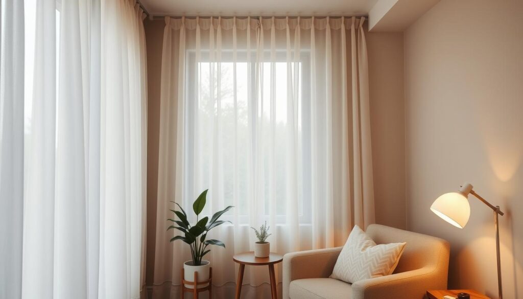 Intimate interior scene of a cozy small space, featuring a large window with delicate sheer curtains in a soft, flowing fabric that gently diffuses the natural light. The curtains are mounted close to the ceiling, creating an illusion of height and airiness. Minimalist decor accentuates the window as the focal point - a potted plant, a simple side table, and a plush armchair positioned to take advantage of the serene, natural ambiance. Warm, diffuse lighting from a table lamp casts a soothing glow, establishing a tranquil, relaxing atmosphere. Rendered in a muted, harmonious color palette that emphasizes the calming, restorative qualities of the space.