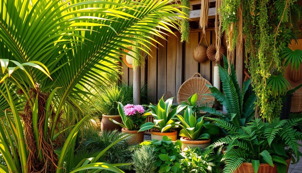 Lush, vibrant boho coastal plants in a natural, sun-dappled setting. Tall fronds of swaying palm leaves in the foreground, accompanied by trailing vines and cascading ferns. A mix of textures and shapes in the middle ground - fuzzy-leaved succulents, flowering tropical blooms, and potted greenery. In the background, a glimpse of weathered wood, woven baskets, and natural fibers, creating a cozy, earthy atmosphere. Warm, golden light filters through the leaves, casting gentle shadows and highlights. The scene radiates a sense of laid-back, beachy serenity, inviting the viewer to imagine a tranquil coastal living space.