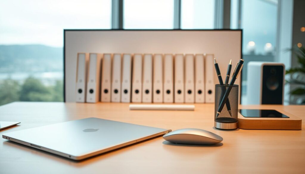 Neatly organized digital workspace with a minimalist desk setup. Sleek silver laptop, wireless mouse, and stylish pen holder in the foreground. Middle ground features a clutter-free display with carefully arranged folders and documents. Warm, diffused lighting highlights the clean, efficient layout. Backgrounded by a serene landscape or modern architectural elements, conveying a sense of focus and productivity. Camera angle slightly elevated to emphasize the organized, streamlined nature of the scene. Overall, a harmonious, visually appealing workspace that inspires efficiency and mindfulness.