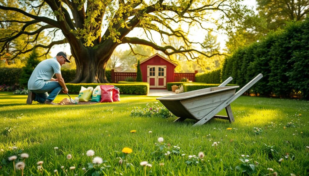 Outdoor spring maintenance: a lush, verdant lawn, freshly mowed, with a scatter of vibrant dandelions and clover blooms. In the foreground, a gardener kneels, tending to a flower bed, hands in the rich, loamy soil. Nearby, a weathered wooden wheelbarrow stands, filled with gardening tools and bags of fertilizer. In the middle ground, a neatly pruned hedge frames a path leading to a well-kept garden shed, its red-painted exterior catching the warm, golden sunlight. In the background, a towering oak tree casts a gentle, dappled shade, its new green leaves rustling in a light spring breeze. The overall scene exudes a sense of rejuvenation and the promise of a fruitful growing season ahead.