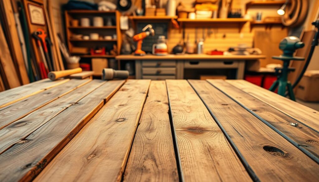 Pallet wood projects, a rustic and versatile display of DIY prowess. In the foreground, a collection of freshly sanded and stained wooden planks, their natural grain patterns and knots adding character. In the middle ground, various tools and hardware used for crafting - hammers, nails, and a power sander, all arranged with precision. The background features a cozy, well-lit workshop setting, with a vintage workbench and shelves filled with reclaimed materials. Soft, warm lighting casts a inviting glow, highlighting the textures and tones of the weathered wood. This scene embodies the spirit of transforming humble pallets into unique, personalized patio furniture.