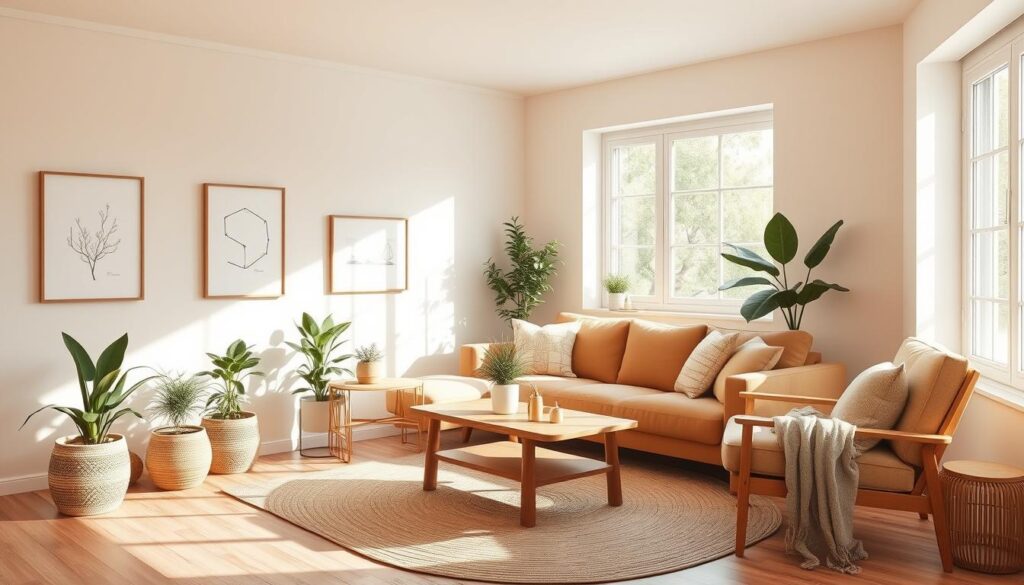Prompt A cozy living room with a warm, earthy color palette. Soft beige walls, plush tan sofa, and natural wood accents. A large window floods the space with gentle natural light, casting a serene, calming atmosphere. Potted plants and a woven area rug add organic texture. The room is styled with minimal, Scandinavian-inspired decor - a few framed art pieces, a sleek wooden coffee table, and a comfy armchair. Overall, the scene conveys a sense of tranquility and relaxation, perfect for unwinding at home.