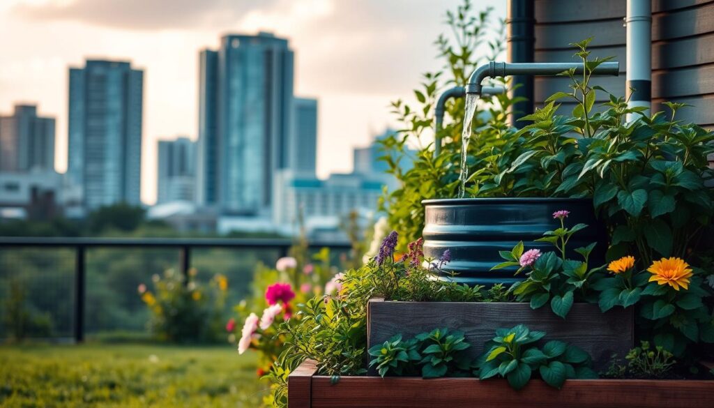 Rainwater harvesting system in an urban garden setting. A raised planter bed in the foreground, with a rain barrel or cistern collecting water from a downspout. Lush green foliage and vibrant flowers surrounding the planter. In the background, a city skyline with modern high-rise buildings. Soft, warm lighting illuminates the scene, creating a serene and tranquil atmosphere. The image emphasizes the integration of sustainable water management practices into an urban environment, showcasing how rainwater can be utilized to nourish a thriving garden oasis.