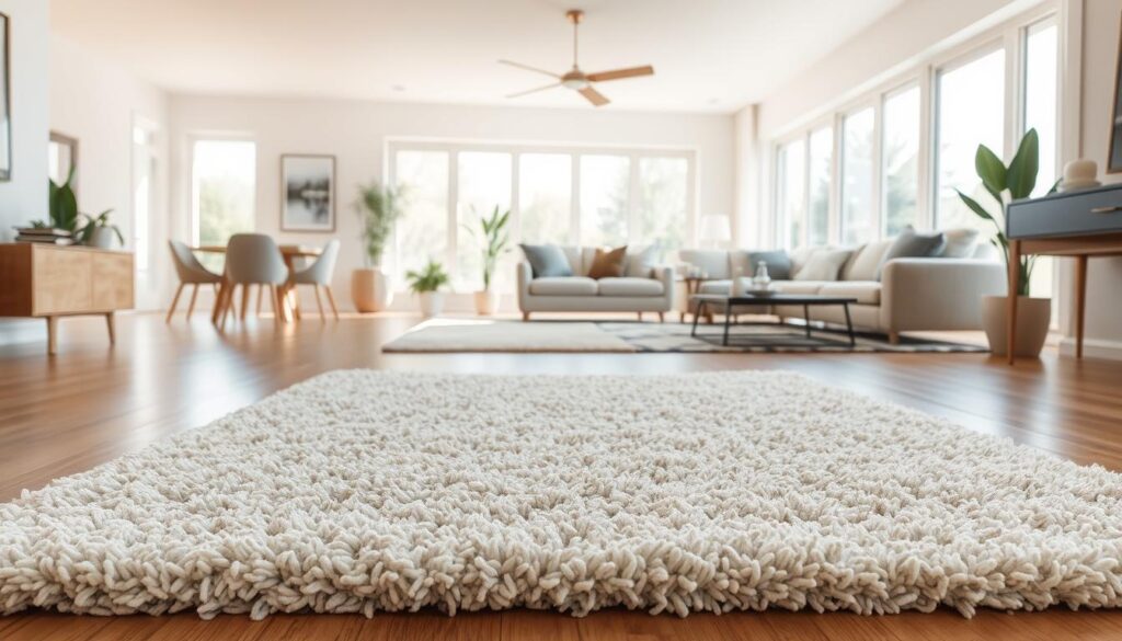 Rug material selection for open-plan homes, showcasing a well-lit, contemporary living space. In the foreground, a plush, textured area rug in neutral tones anchors the scene, seamlessly blending with the hardwood flooring. The middle ground features a mix of natural and synthetic fibers, including a lush shag rug and a sleek, low-profile sisal weave, highlighting the versatility of materials. In the background, a cozy seating arrangement with a mix of upholstered furniture invites relaxation, while the large windows allow natural light to flood the space, creating a bright, airy atmosphere. The overall composition emphasizes the importance of carefully selecting rug materials to define and unify the different functional areas within an open-plan home.